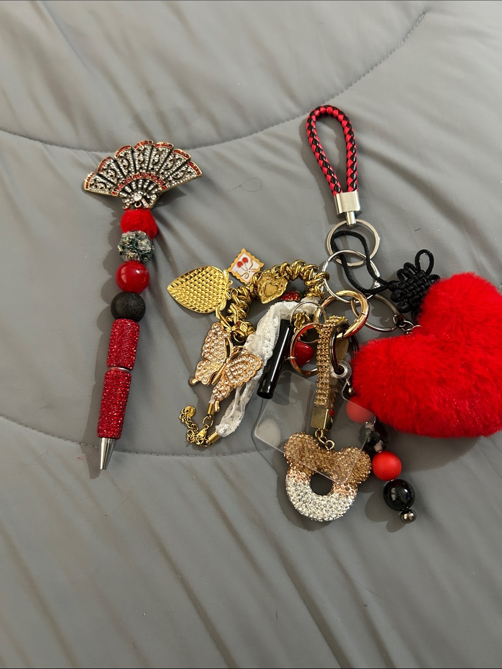 Red Heart Pom-Pom Charm Keychain with Pen